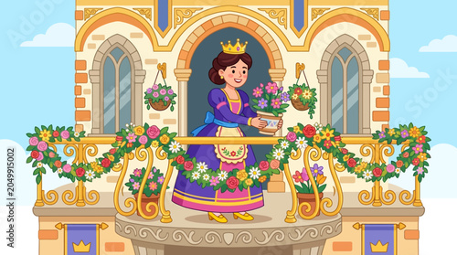 Cartoon Princess with Flowers on Castle Balcony, Fairy Tale Illustration