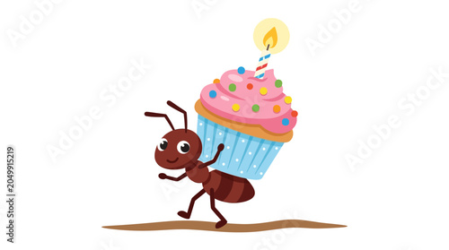 Cute Ant Carrying Birthday Cupcake with Candle, Vector Illustration