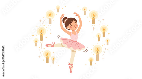 Cute Ballet Dancer Girl Pirouetting Amongst Glowing Candles in Circle
