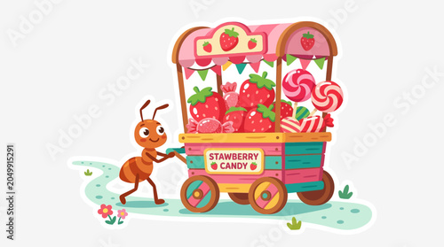 Cute Ant Pushing Strawberry Candy Cart on Path
