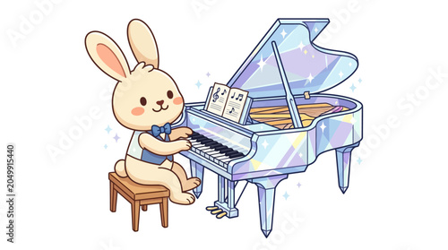 Cute bunny playing grand piano, sparkling, whimsical graphic art