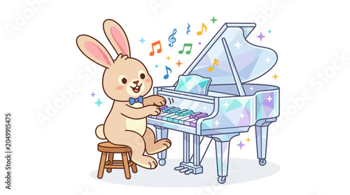 Cute Bunny Playing Sparkling Piano with Musical Notes