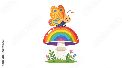 Cute Butterfly on Rainbow Mushroom in Floral Meadow, Whimsical Fantasy Illustration