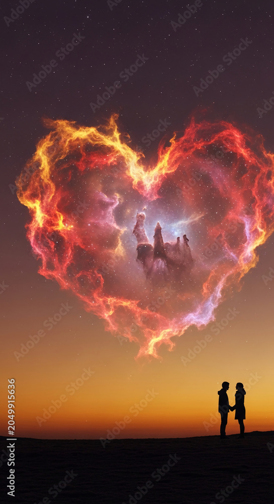 Fototapeta premium Silhouetted couple holding hands with a vibrant heart-shaped nebula overhead, symbolizing love and cosmic wonder on Valentine's Day