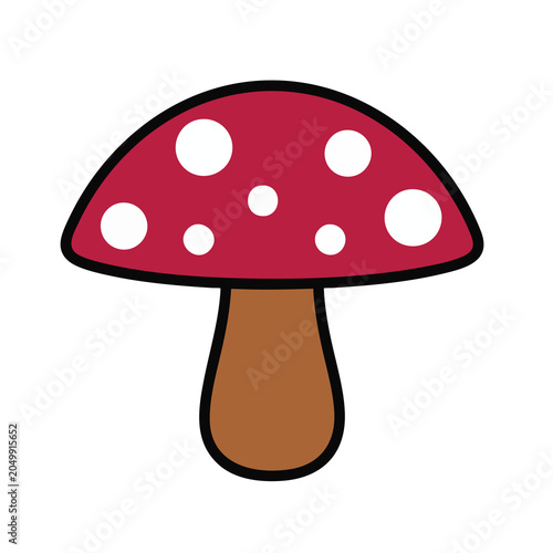 Cartoon red mushroom with white spots illustration.