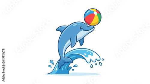 Cute cartoon dolphin playing with colorful ball on water splash