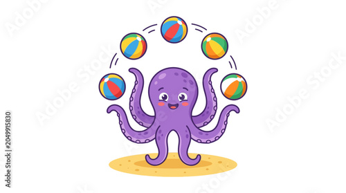 Cute Cartoon Octopus Juggling Colorful Beach Balls on White Background