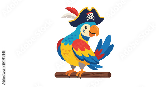 Cute cartoon parrot in pirate hat, playful tropical bird on perch, isolated on white background