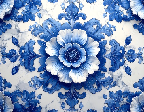 A blue and white floral design on a marble background