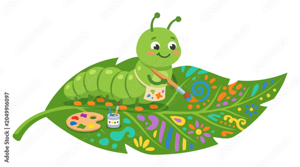 Obraz premium Cute caterpillar painting colorful patterns on a green leaf, illustration
