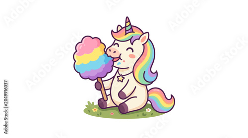 Cute cartoon unicorn eating rainbow cotton candy on grass. Whimsical illustration.