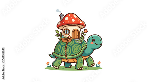 Cute cartoon tortoise with mushroom house on shell, walking in nature