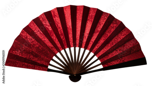 Bild auf Leinwand Ornate red silk folding fan with floral pattern, isolated on transparent backgro
