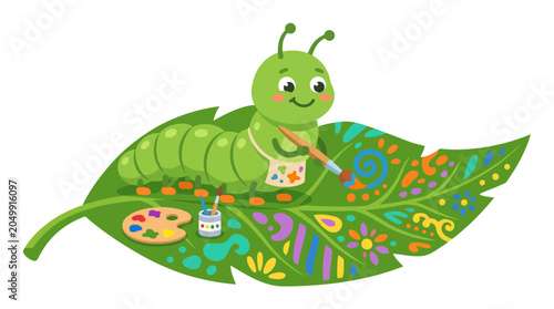 Cute caterpillar painting colorful patterns on a green leaf, illustration