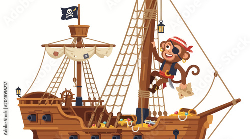 Sailing Pirate Monkey on Treasure Ship with Jolly Roger Flag - Isolated