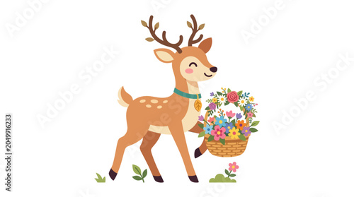 Cute Deer Carrying a Basket of Colorful Flowers