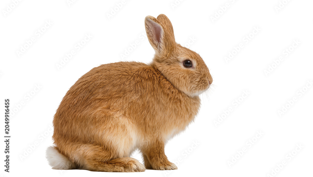 Obraz premium Fluffy ginger rabbit sitting attentively, isolated on transparent background