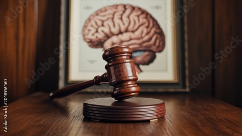 A polished wooden judge gavel resting on a matching desk in front of a framed anatomical of a human brain, symbolizing law, justice, and neuroscience