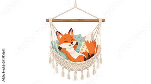 Cute Fox Relaxing in Hammock, Peaceful Animal Chill Out, Cozy Boho Design