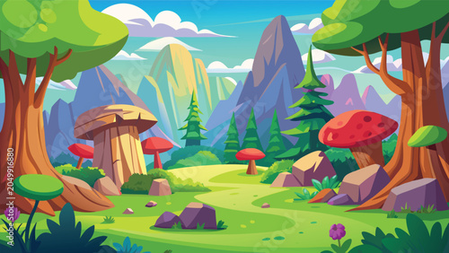 Whimsical forest landscape with oversized mushrooms and rolling hills under a bright sky