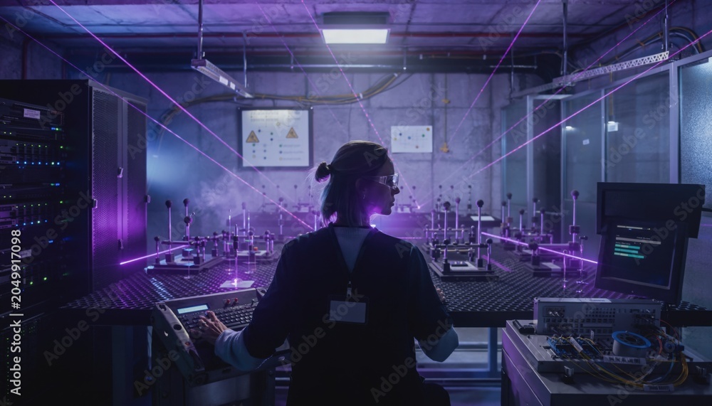 Fototapeta premium Scientist Working in High-Tech Laboratory with Laser Equipment and Computer Technologies for Research and Development Purposes