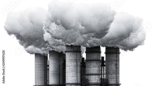 Obraz na plátne Industrial chimneys emitting thick smoke, isolated on transparent background