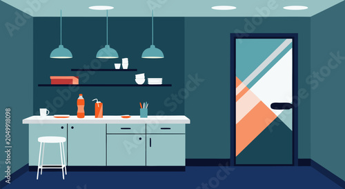 Bild auf Leinwand Modern Office Break Room Interior Vector Illustration Featuring Kitchenette Coun