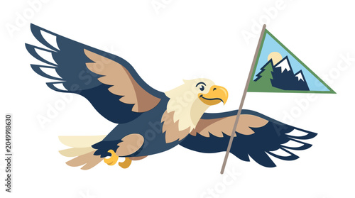Eagle flying with mountain landscape flag