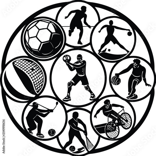 Sports icons, athletic silhouettes, fitness illustrations, black and white, vector graphics
