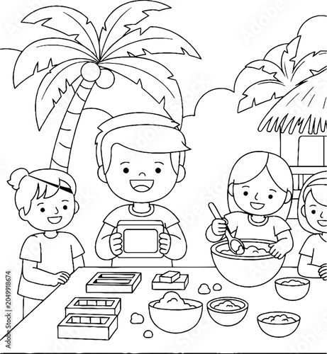 Happy family cooking together with digital tablet recipe outdoors.