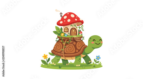 Fantasy Turtle House Carrying a Mushroom Home on its Back in a Green Meadow