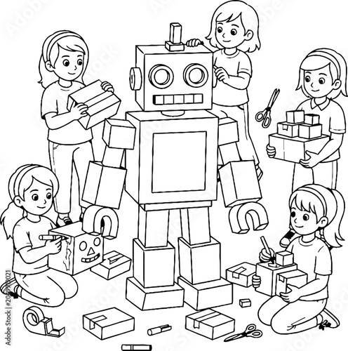 Children Building Giant Robot Toy Together Happily.