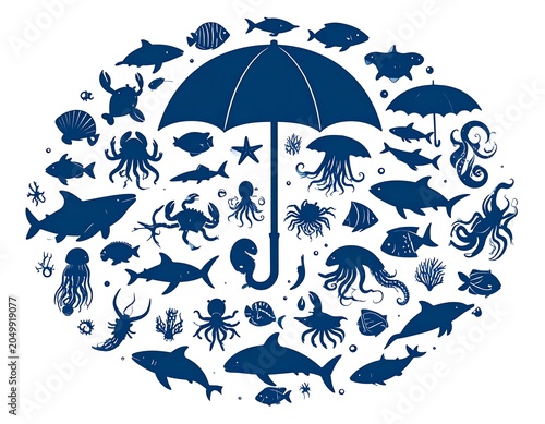 A blue umbrella surrounded by various sea creatures and fish