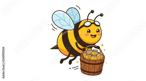 Happy Bee Flying with Honey Bucket, Cute Insect Vector, Sweet Food Concept