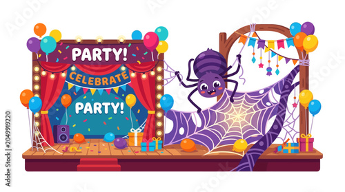 Halloween spider celebrates party on stage with balloons and decorations
