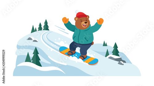 Happy cartoon bear snowboarding down a snowy hill, winter sport fun