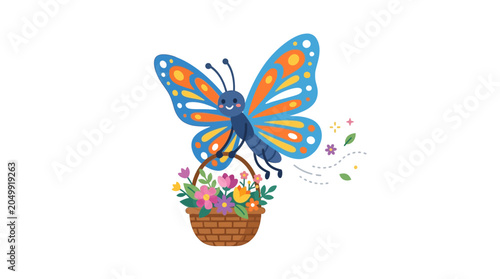 Happy cartoon butterfly flying with a basket of flowers