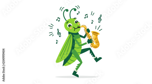 Happy Grasshopper Playing Saxophone Outdoors with Music Notes