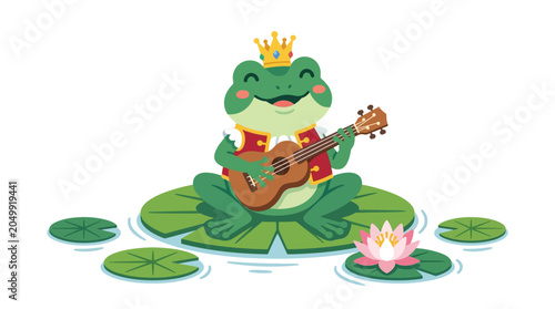 Happy King Frog Playing Ukulele on Lily Pad, Singing