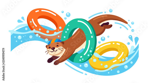 Happy Otter Leaping Through Water with Inflatable Rings