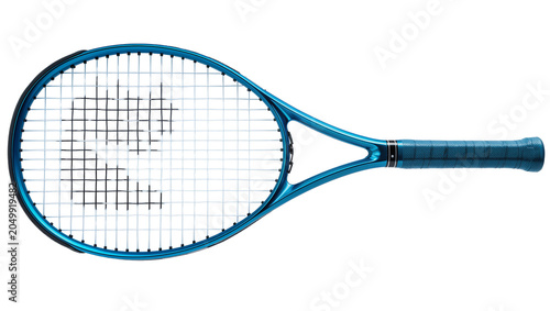 Canvas Print Shiny metallic blue tennis racket with white strings, isolated on transparent ba