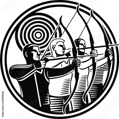 Archery, black and white illustration, archer icons, bow and arrow graphics