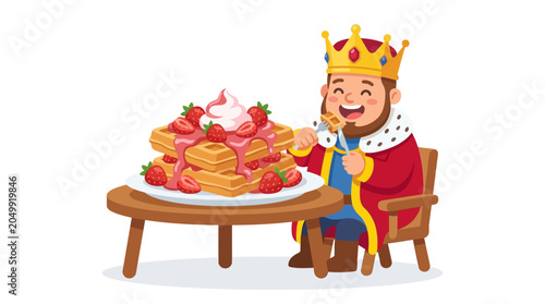 King eating huge stack of strawberry waffles with crown