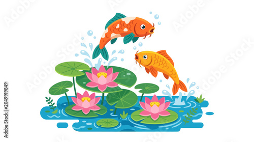 Koi fish jumping from lotus pond, colorful aquatic animals, vibrant water garden illustration
