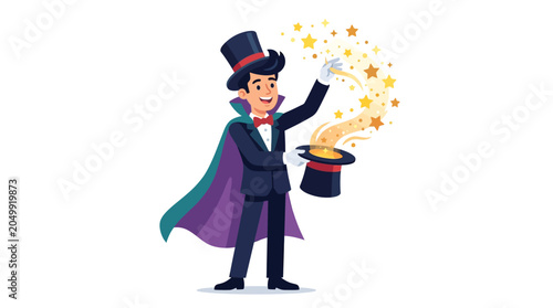 Magician in Top Hat Performing Magic Trick with Stars and Smoke from Hat