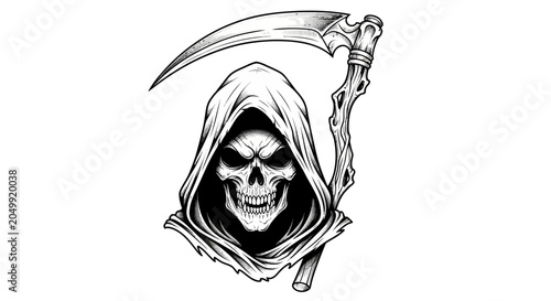 Schilderij op canvas Grim Reaper skull in a hood holding a scythe isolated on white background illust