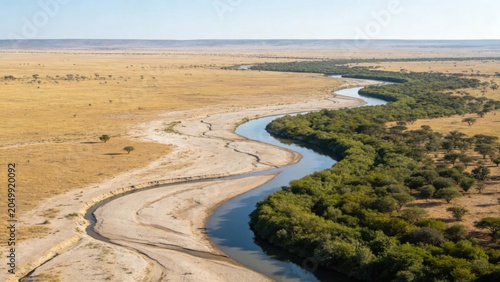 African plains landscape with dry riverbed winding through g