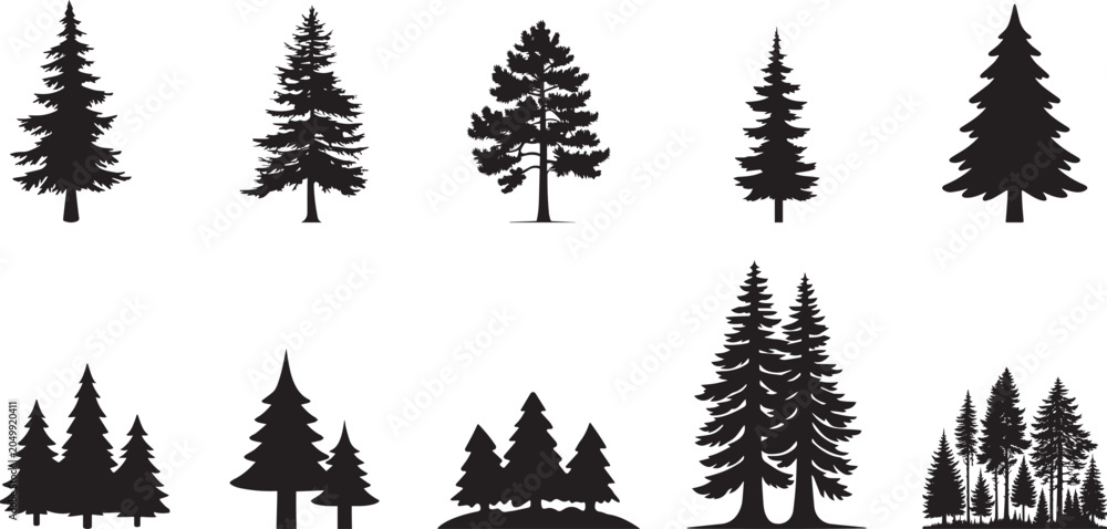 Obraz premium Pine tree silhouettes, forest icons, black tree shapes, vector graphics, nature symbols, 10 tree designs