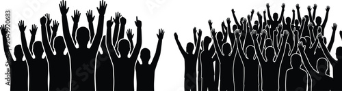Photography Silhouettes of cheering crowds with raised arms, showcasing enthusiasm, celebrat