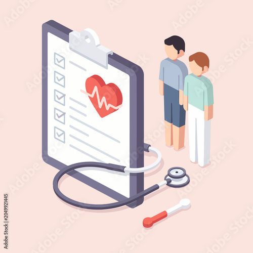 A medical clipboard with a heart icon and two standing people